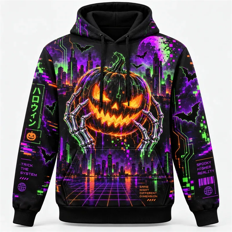 Felpa con cappuccio di Halloween Felpa in poliestere con stampa 3D all over Felpa con cappuccio gotico Fantasma Zucca Pipistrello Strega Teschio Horror Streetwear Pullover unisex