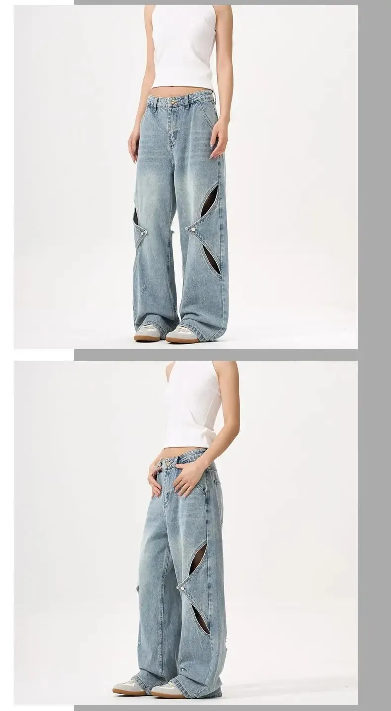 2025 New American style patchwork structure denim pants with holes men's and women's loose wide leg unisex straight leg jeans