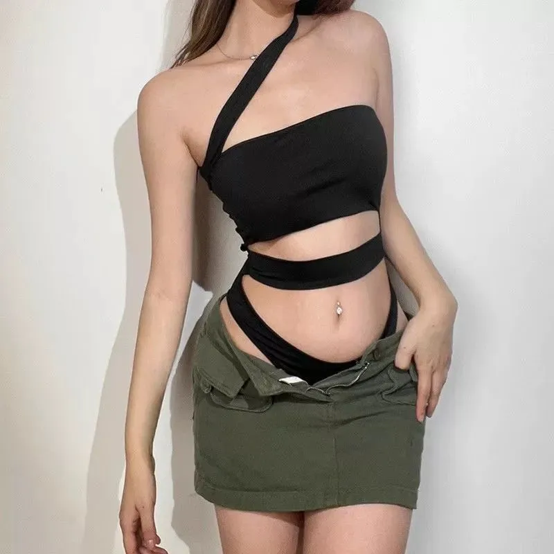 Sexy Hollow out Side Neck Vest Women's Slim Fit Body Shape Base Suit Underwear A-Line Narrow Strap Vest 3D Effect