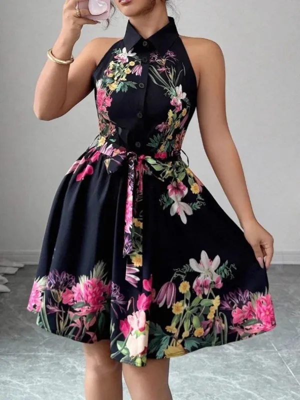 A Line Vestidos Y2k Street Wear Halter Print Floral Elegant Splice Party Night Work High Waist Short Dress Women Dresses — image 3