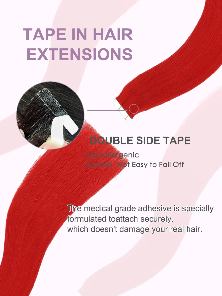 Red Color 20Pcs Tape-In Hair Extensions 100% Remy Human Hair Straight Highlight Color for Women Add Hair Length And Volume 50g