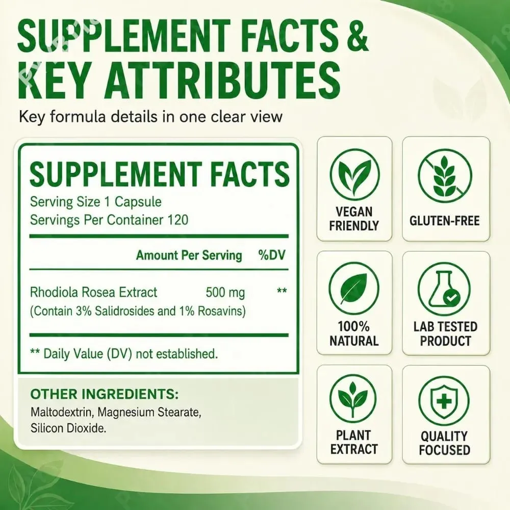 Rhodiola Rosea Capsules High Potency Formula Supports Mental Clarity & Focus Energy & Endurance Immune Health & Vitality 120 Ct