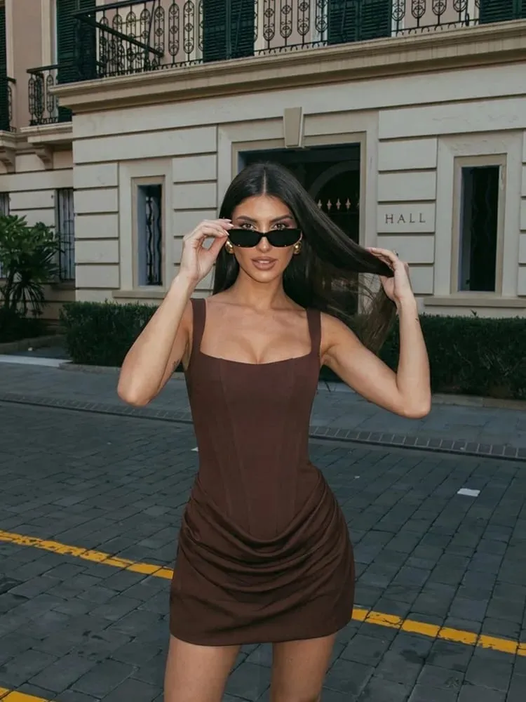 HH Women Sexy Pleated Mini Dress Square Neck Sleeveless Straps Dresses Summer Woman Vinatge Party Vacation Beach Dress Vestidos