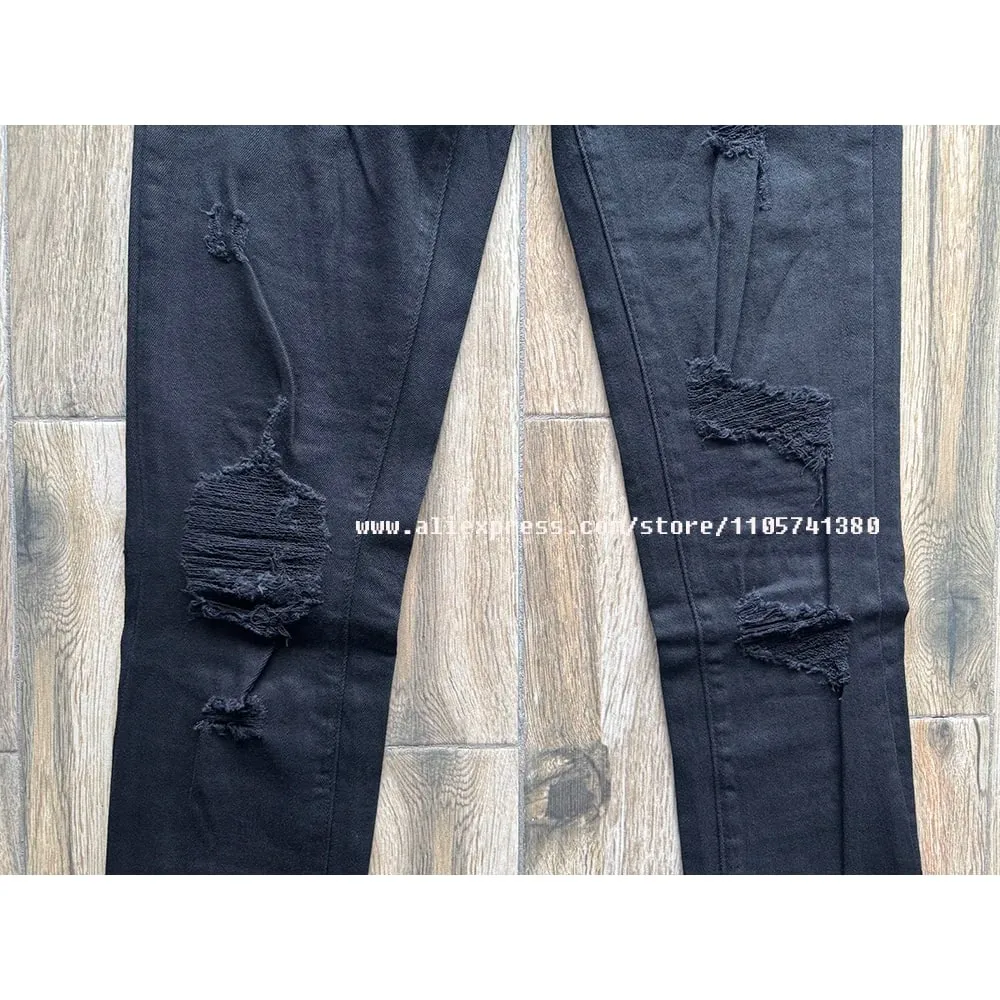 Men's High Street American Fashion Style Jeans Distressed Black Damaged Holes Stretch Skinny Button Fly Ripped Jeans