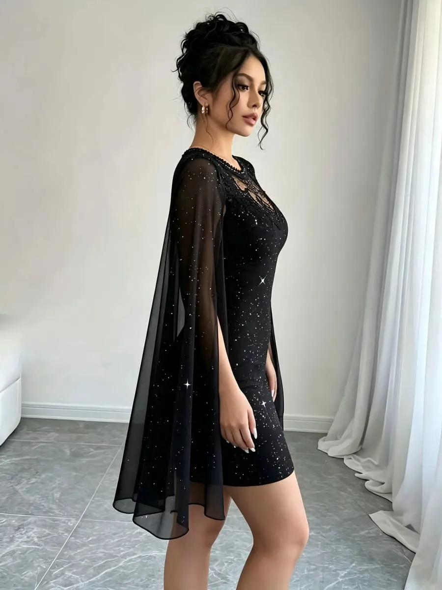 Women Black Glitter Bodycon Mini Dress Lace Crew Neck Sheer Cape Sleeve Slim Party Club Evening Cocktail Short Dress