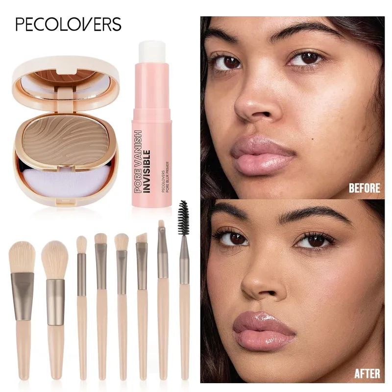 Sada 10 ks základního make-upu All-In-One s matným fixačním práškem a 8 ks profesionálních make-up štětců na minimalizaci pórů