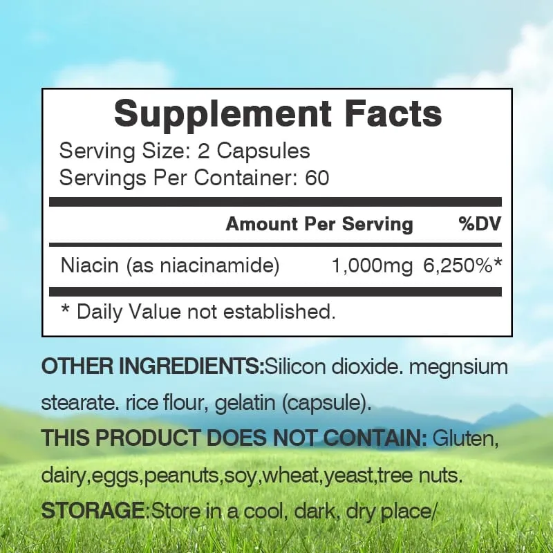 Niacinamide Vitamin B3 Capsules - Supports Brain Function and Heart Health Boosts Energy Production and Enhances Immunity