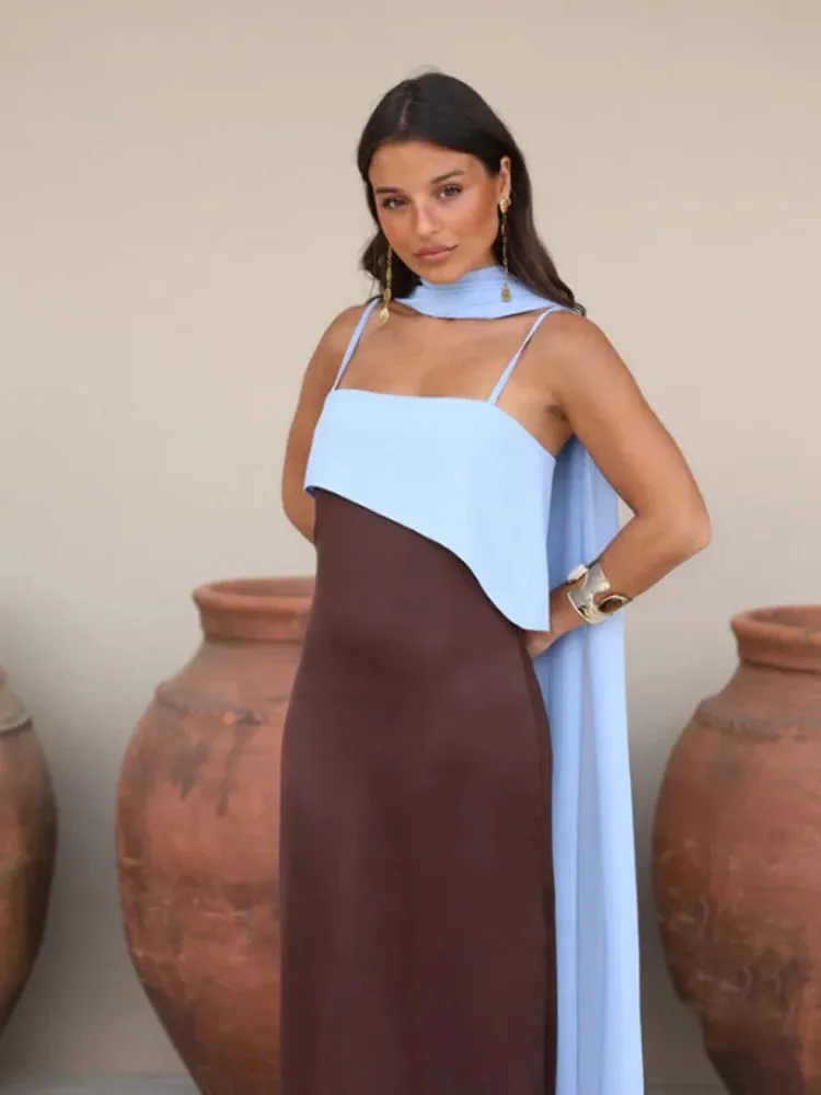 Fashion Contrasting Sling Dress Women Square Neck Sleeveless High Waist Slim Maxi Dress With Scarf 2026 Summer Lady Party Robe — image 6