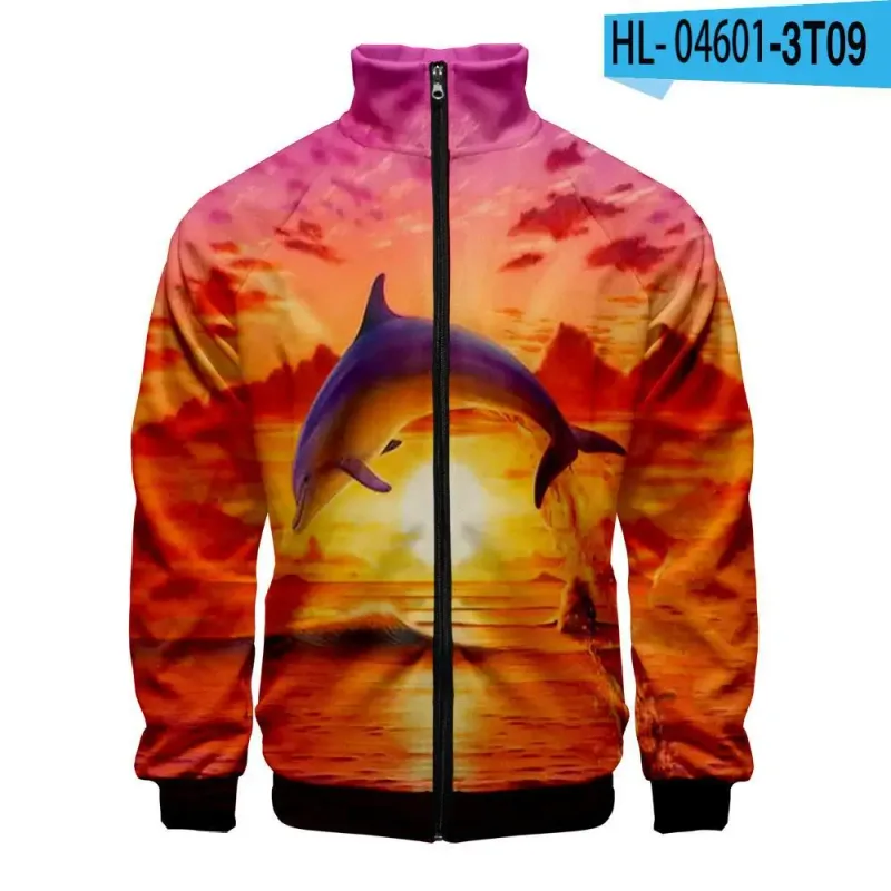 Harajuku Popular Novelty dolphin 3D Print Zipper Raglan Jacket Windbreaker Boys/Girls Comfortable Stand Collar Jackets Coats