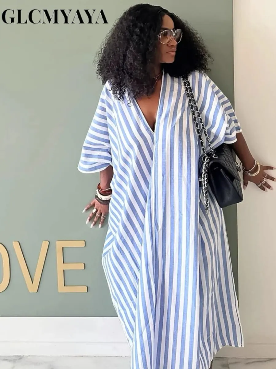 2026 Fall Holiday Half Sleeve Striped Print V-Neck Loose Long Dress Street Africa Women Party Vestidos Dresses Vestidos