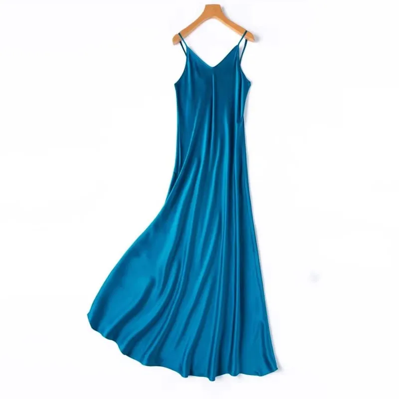 2026 Women's Fashion New 21MM 100% Natural Mulberry Silk Plain Satin Extended French Sexy Adjustable Shoulder Strap Solid Dress