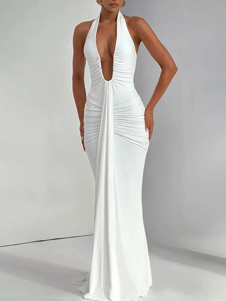 Mozision col en V profond drapé froncé Sexy robe Maxi femmes mode d'été licou sans manches dos nu Club fête longue robe élégante