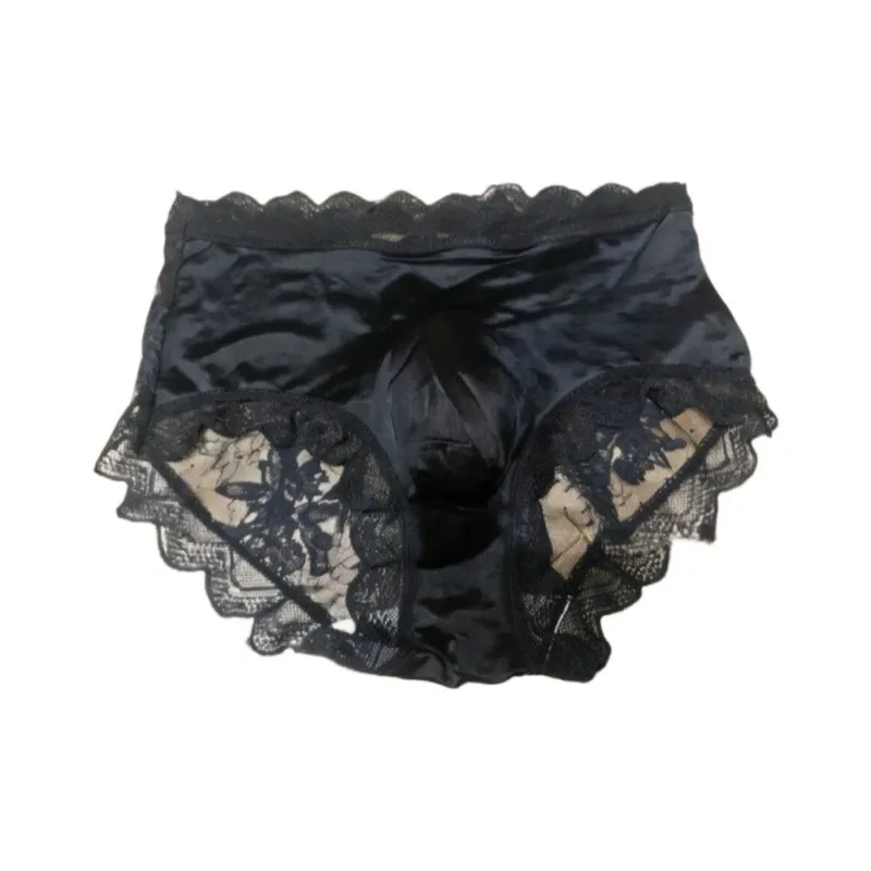Men Satin Embroidery Floral Lace IceSilk Briefs Underwear 3D Bulge Pouch Panties Erotic Bottom Male Lingerie Tanga