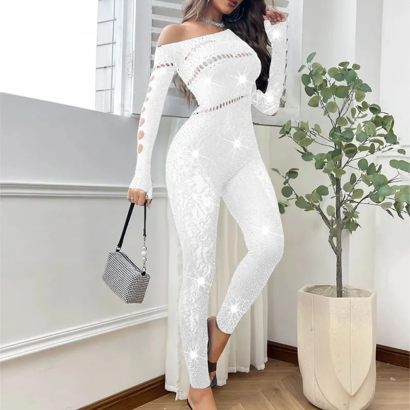 2025 Lace Embroidery Bra Set Women Sexy Mesh Rhinestone Jumpsuit Long Sleeve See Through Sexy Bustier Lingerie for Women