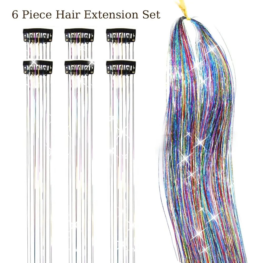 Hair Tinsel Pack Of 6Pcs Clip In Hair Tinsel 20Inch Colorful Glitter Tinsel Hair Extensions Festival Gift Tinsel Fairy Hairpiece