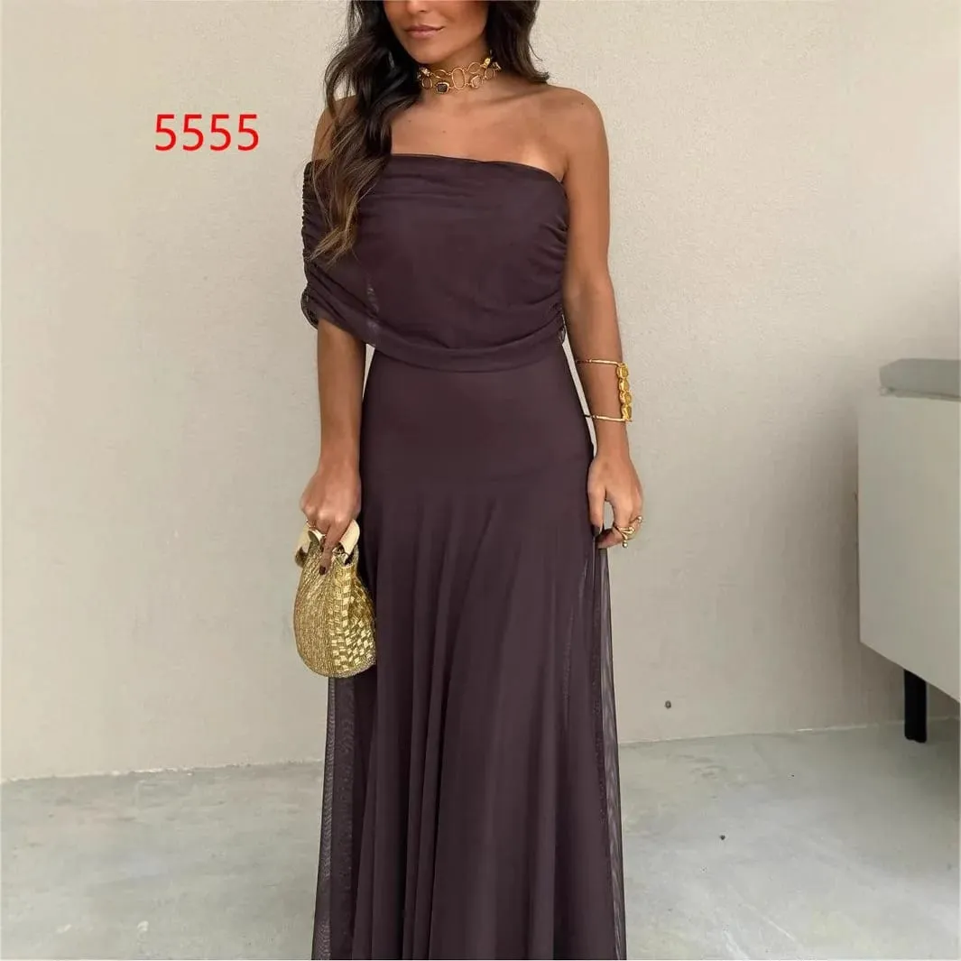 European and American Women's Clothing Tube Top Mesh Stitching Slim Temperament Dress Perspective 2025 Autumn New Models