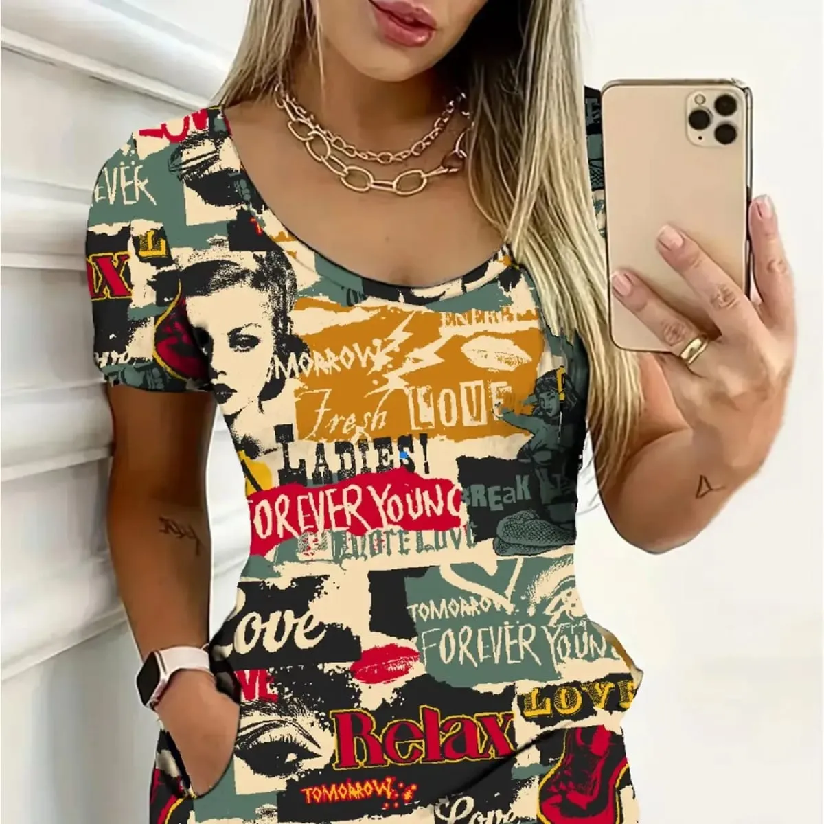 Women's Casual Elegant Comfortable round Neck Short Sleeve Skirt Dress Mini with Letter Figure Pattern Print — image 4