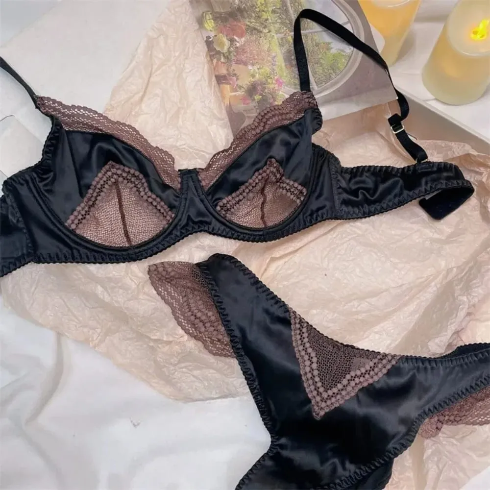 Ladies Satin Lace Underwire Bra 32-38AB Ultra Thin Minimizer Bra Side Support Anti Sag Gather Breast French Lingerie