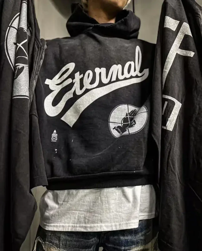 26FW SAINT x Ber B J Co-brand Big Logo Printed Women Men Washed Hooded Sweatshirt Hoodies Vintage Distressed Men Casual Hoodie