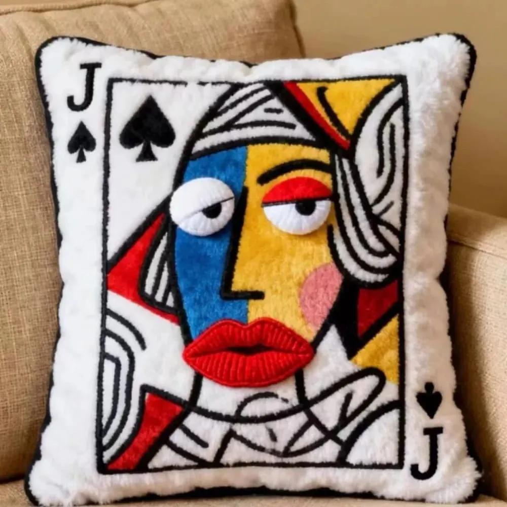 Patchwork Style Poker Card Cushion 3D Big Eyes High-Value Design Embroidered Pillow Card Game Theme Patchwork Pillow Home Decor