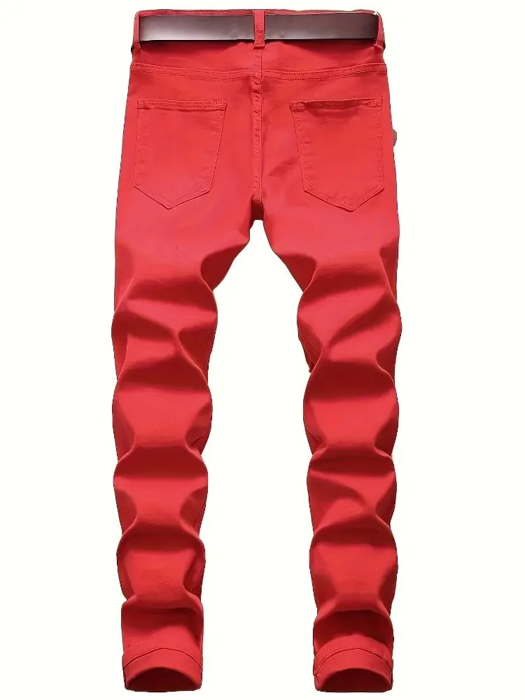 New Men Ripped Jeans Red Hip Hop Holes Slim Denim Pants Punk Streetwear Versatile Stretch Wash Solid Casual Slim Pencil Trousers