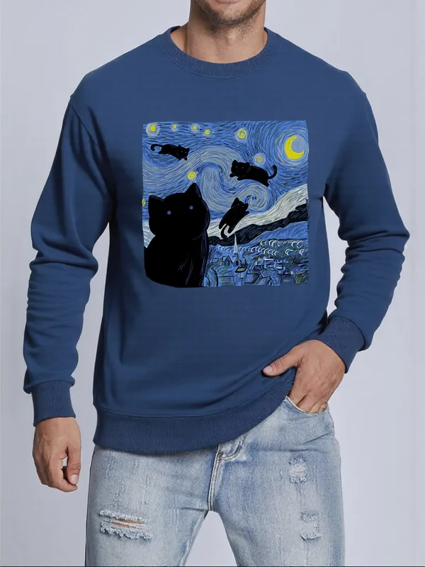 Van Gogh Starry Night Cat Printed Pullovers Unisex Thicken All-Match Sweatshirt Hip Hop Loose Hoodie Autumn Casual Sweatshirts