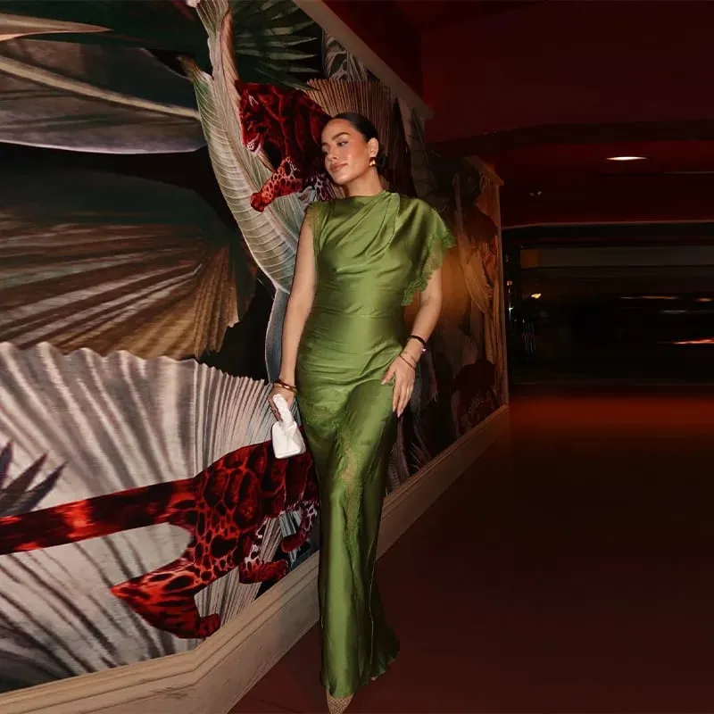 2026 Luxury Olive Green Satin Maxi Dress Women Elegant Shawl Design Lace Trim Asymmetrical Hem Ruched Bodycon Formal Dinner Gown