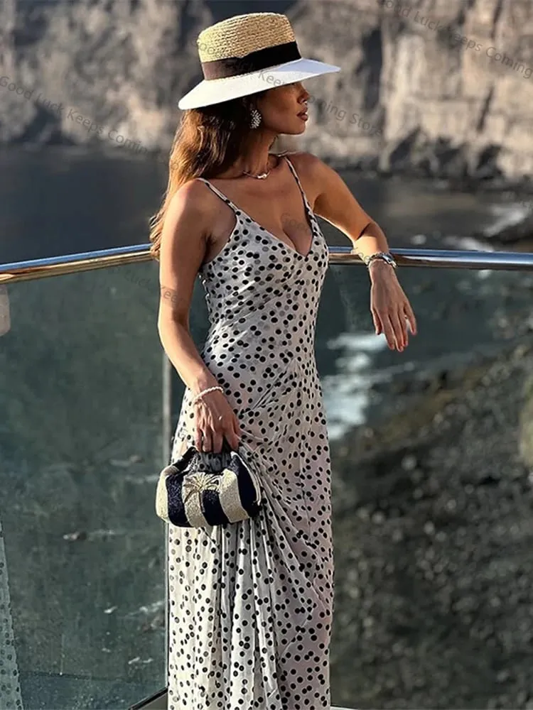 Polka Dot Sling Dress Women V Neck Sleeveless Backless High Waist Robe Female 2026 Summer Fashion Chic A Line Dresses Lady