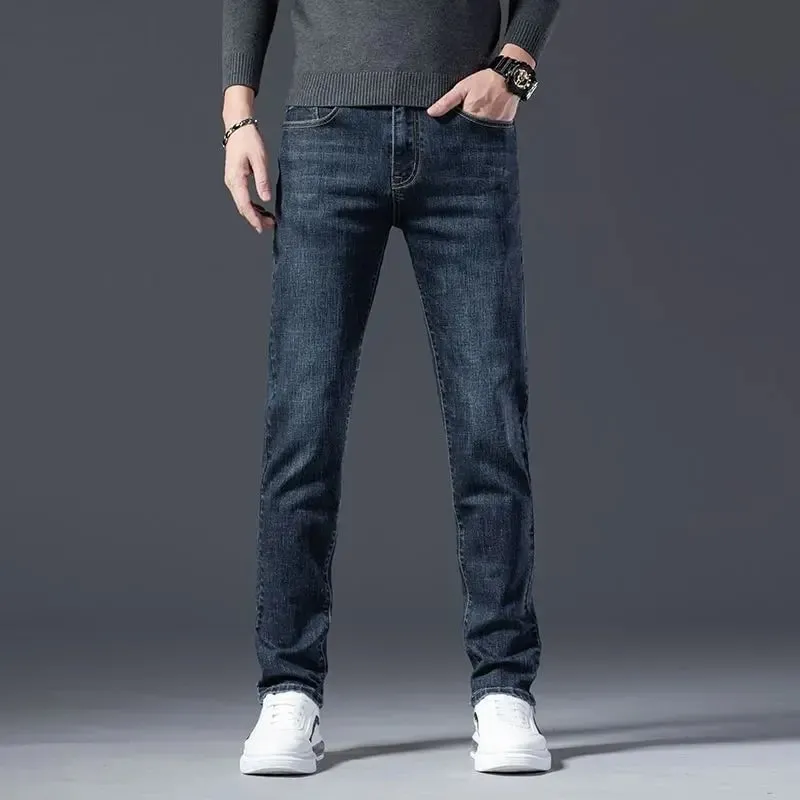 Autumn Winter High Quality Elastic Mens Jeans Cargo Slim Fit Denim Pencil Trousers Midweight Long PantsHighHigh Jeans Man