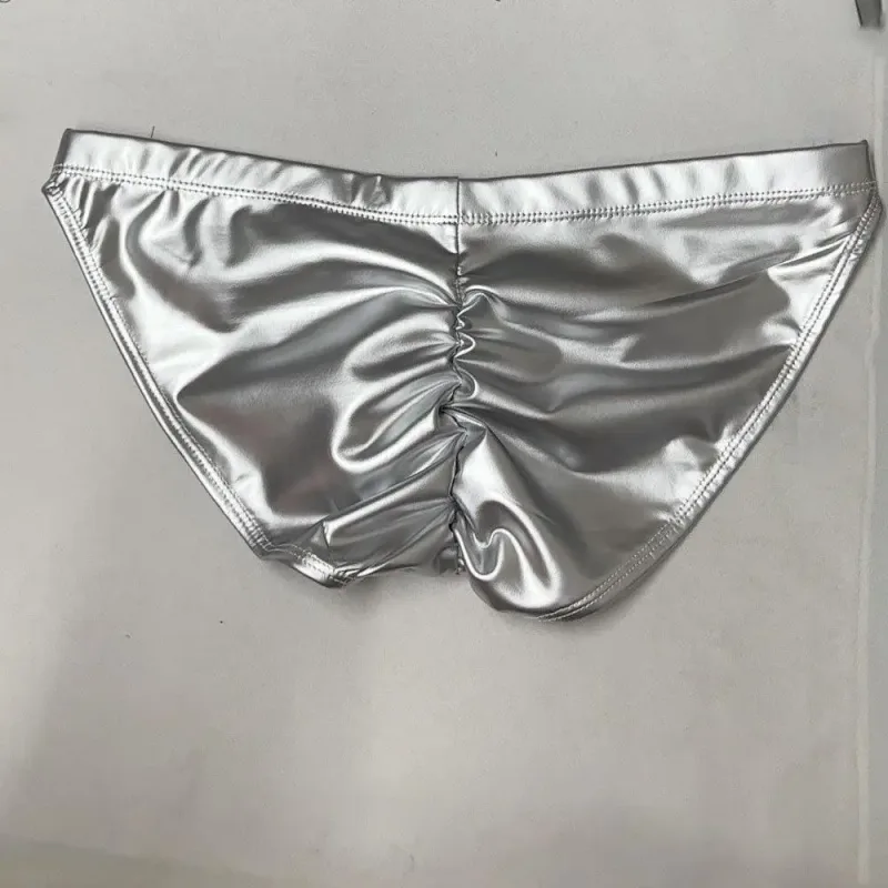 Oil Glossy Swimming Briefs PU Lather Elastic Low-rise Buttocks-Lifting Slip Bikini Shirring Crotch Seam Underwear Bathing Shorts