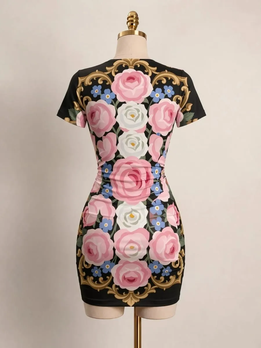 Womens Short Sleeve Bodycon Mini Dress Slim Fit Crew Neck Floral Print Casual Summer Party Cute Elegant Smooth Vacation Sundress — image 3