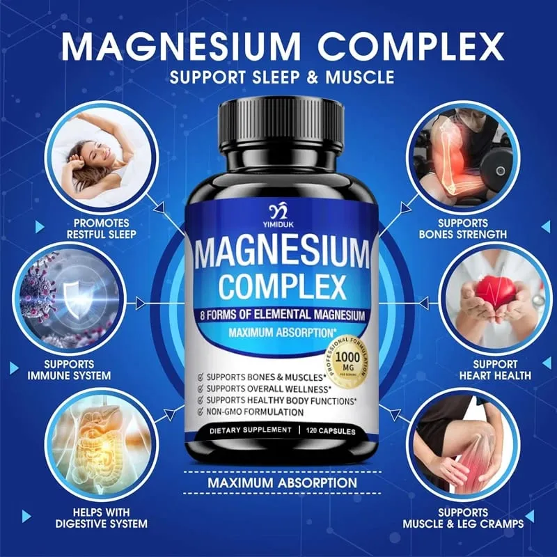 Magnesium Complex Supplement 1000mg -Magnesium Glycinate Citrate Malate Taurate Chelated for Bones Muscle Recovery Energy