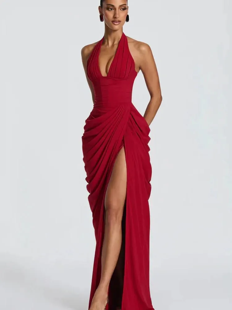 Sexy Solid Pleated Halter Women's Dress Fashion Sleeveless Backless Waist-cinching Split Maxi Dresses 2026 Summer Party Gowns — image 6