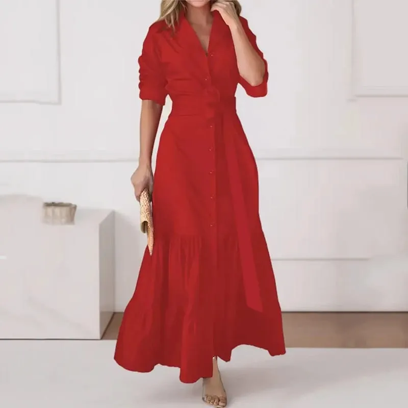 Spring Summer New Women's Long Solid Color Shirt Dresses Versatile Elegant V Neck Lace Up Cinched Waist Single Breasted Dress
