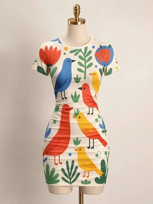 Womens Short Sleeve Bodycon Mini Dress Slim Fit Crew Neck Floral Print Casual Summer Party Flattering Lightweight Party Sundress — image 15