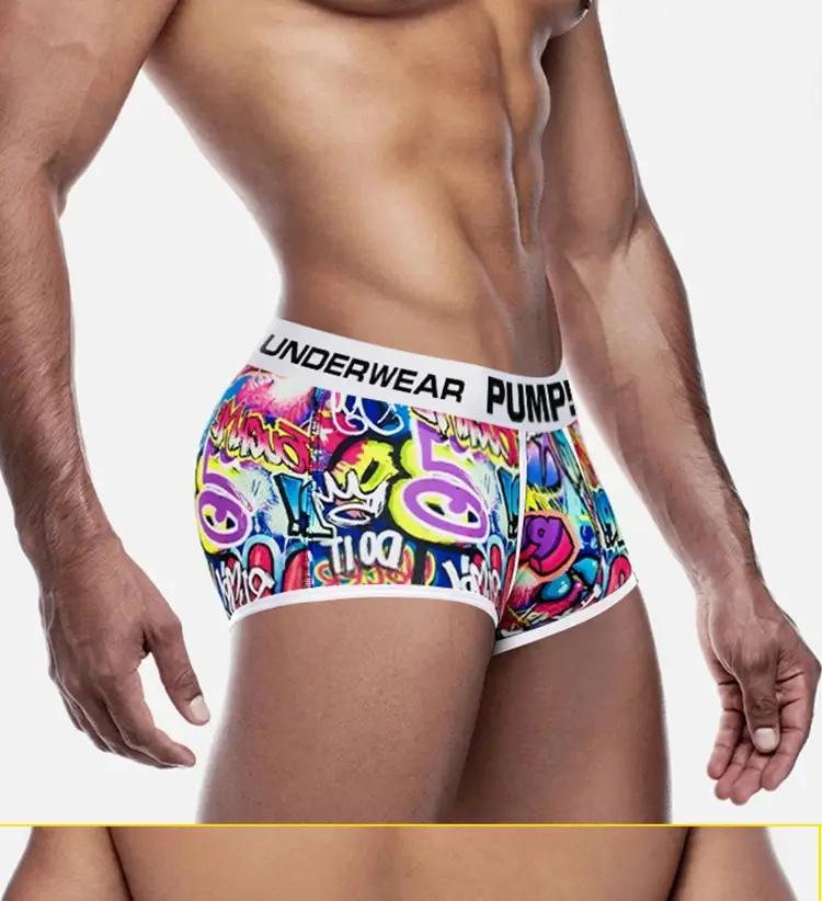 1PCS Men's Cotton Nylon Blend Boxer Briefs All-Over Graffiti Print Wide Elastic Waistband Non-Tight Fashion Sport Underwear