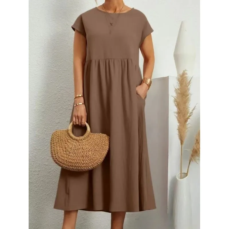 Premium Elegant Solid Cotton Linen Dress Summer Midi with Pockets Loose Fit Casual Crew Neck Short Sleeve for Beach Travel — image 17