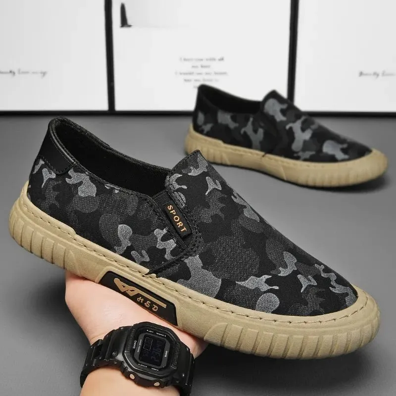 Summer Camouflage Canvas Men's Casual Shoes Men's Sneakers Slip-On Lazy Sporty Shoes for Man Breathable Round Toe Light Flats