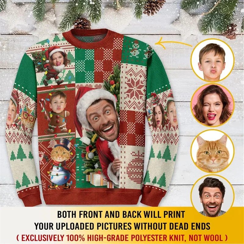 Custom Family Photo Christmas Sweatshirt Personalized Face Picture Print Xmas Tree Ugly Christmas Long Sleeve Party Tops