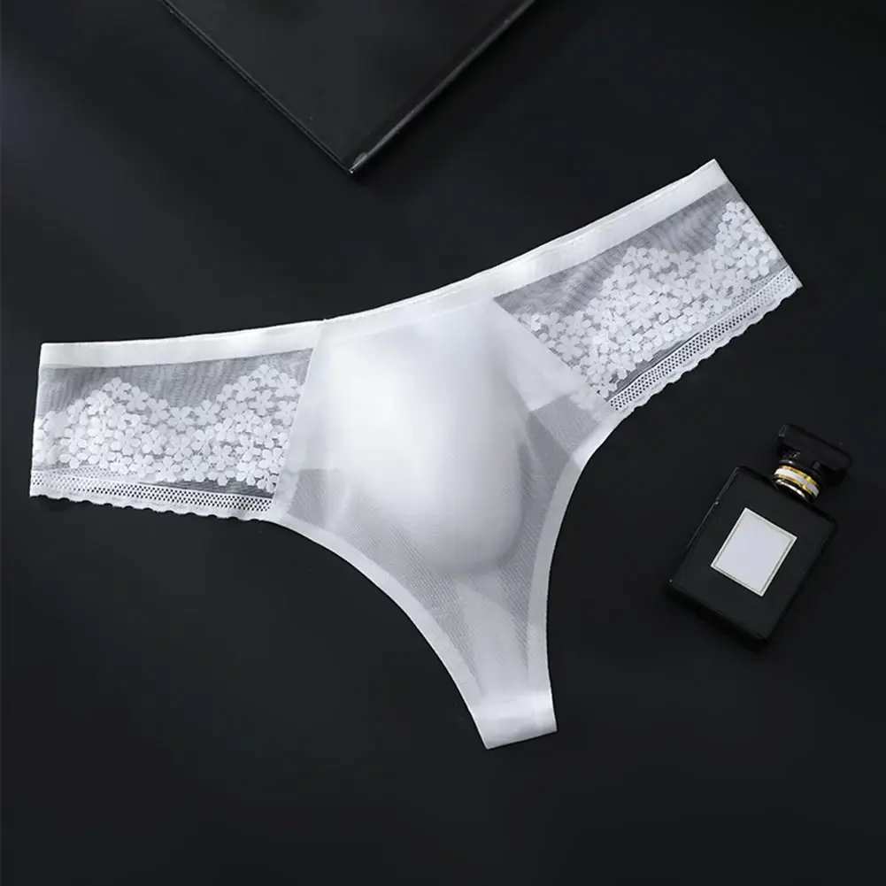 Breathable Men's Lace G-String Underwear Featuring Thin Seamless Ice Silk Fabric with 3D Bulge Pouch and Solid Color Design