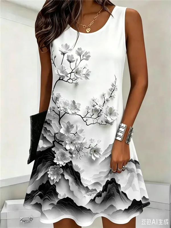 Flower Pattern Women Mini Dresses Summer Sleeveless 3D Floral Printed Street Style Ladies Dress 3XL Plus Size Loose Casual Dress — image 6