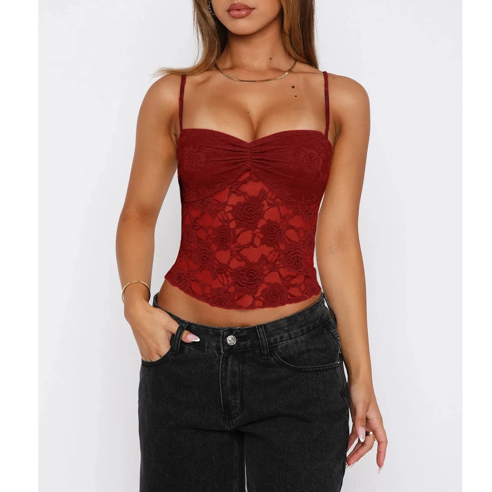 Women's Summer Lace Cami Tops Sleeveless Ruched Front Solid Color Camisole Slim Fit Tank Tops — image 2