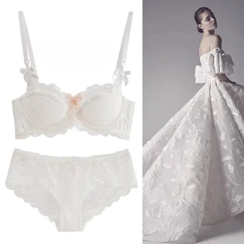 French Pure Desire Bralette Small Bust AB Cup Push Up Wireless Lace Bra for Chubby Girl Bow Design Thin Fold Comfort Plus Size