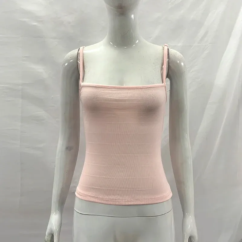 Women Summer Solid Color Bandage Camisole Slim Fit Square Neck Spaghetti Strap Ribbed Knit Cami Top