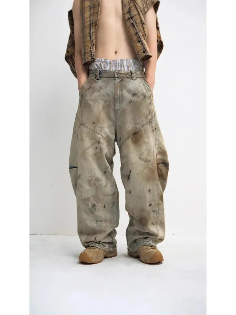 Male Winter American Style Vintage Dirty Men's Jeans 2026 Spring New High Street Design Loose Wide Leg Floor Length Denim Pants — image 3