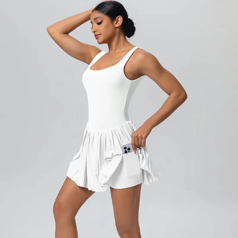 New Lifting Sports Jumpsuit Tennis Skirt With Pockets Yoga Womens Dresses Breathable Naked Feel Backless Female Sportswear