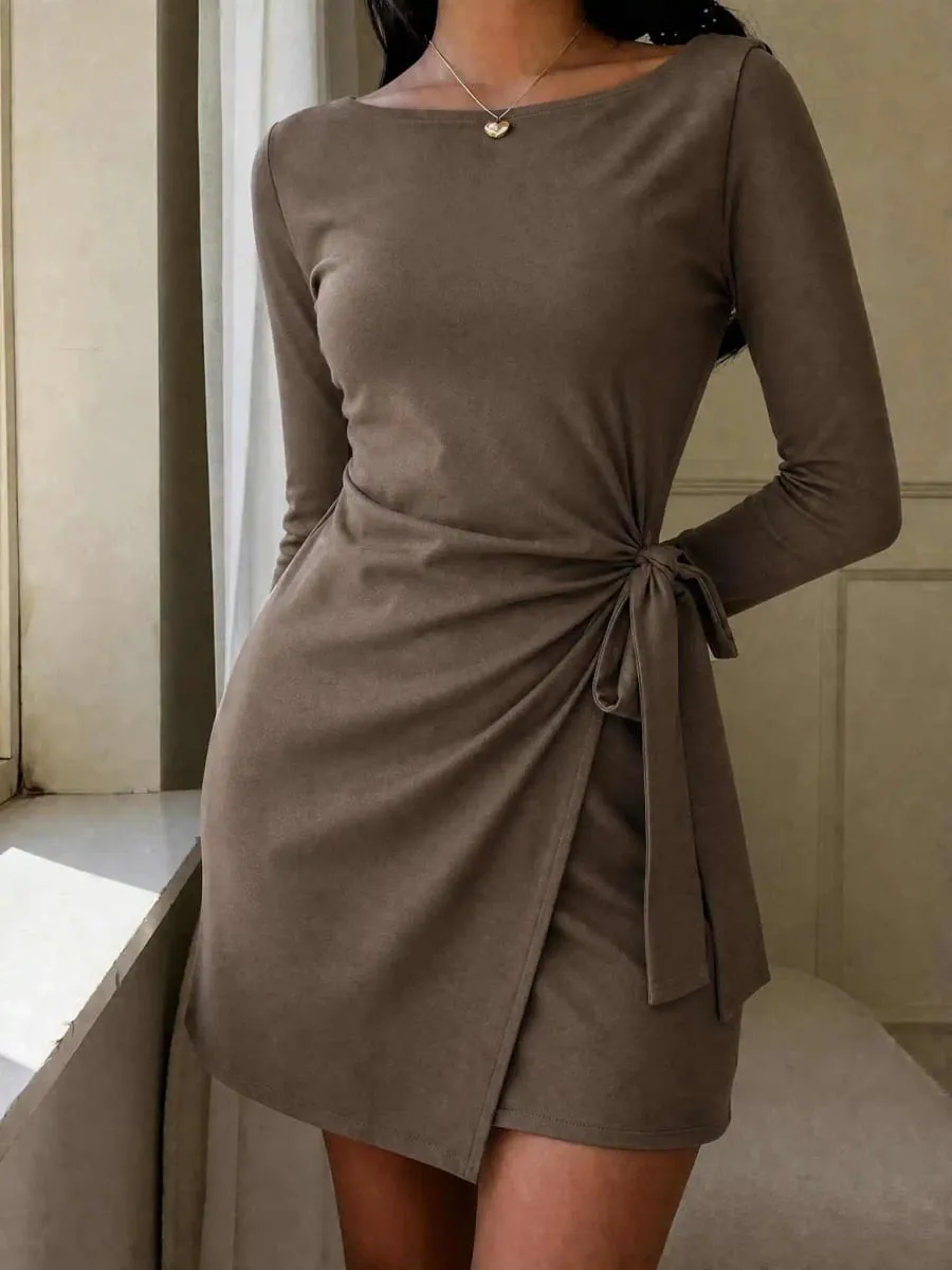 Solid color casual elegant knotted drawstring cross vacation，Women Mini Dresses，fall dresses for women