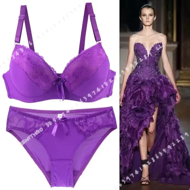 Women Push Up Bra Set Lace Thong Underwear Solid Bow Lingerie Plus Size 70-105 BCDE Cup Female Intimates