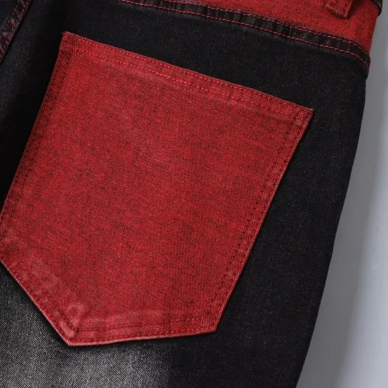 Men's Black Stretch Jeans for Spring and Fall Denim Pants with Red Ripped Details Asian Sizes 28–42. — image 4