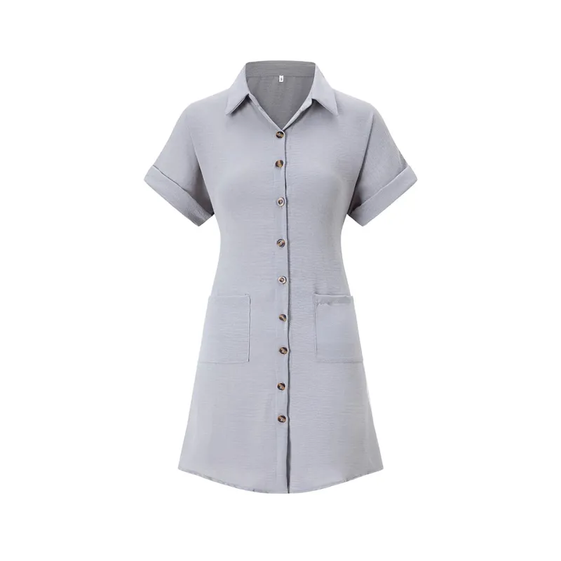 2026 European and American Cross Border Leisure Solid Color Cotton Hemp Buckle Long Short Sleeve Loose Shirt Dress Women's Wear — image 10